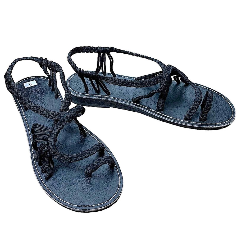 NWT Plaka Palm Leaf Black Hand-Woven Braided Beach Sandals Size 9